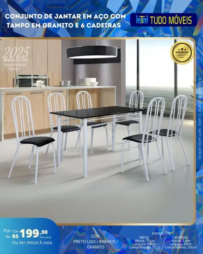Conjunto De Jantar Em Aço Com Tampo De Granito E 6 Cadeiras