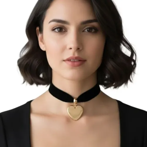 Colar choker em veludo coração dourado