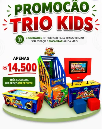 Brinquedo Trio kids: Basquete, Fliperama e Air soccer.