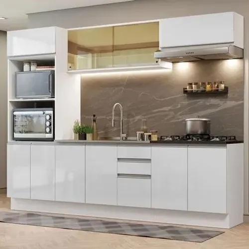 Cozinha Completa MDF 270 Com Armário E Balcão Branco Brilho