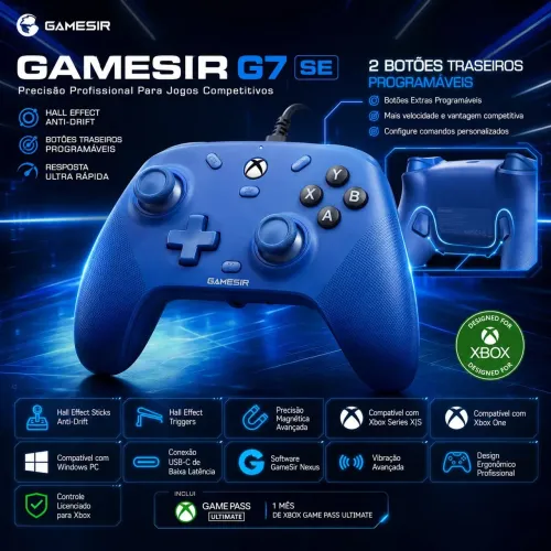 GameSir G7 SE Azul - com fio Controle Gamer Profissional Licenciado Xbox/ Windows 10/11