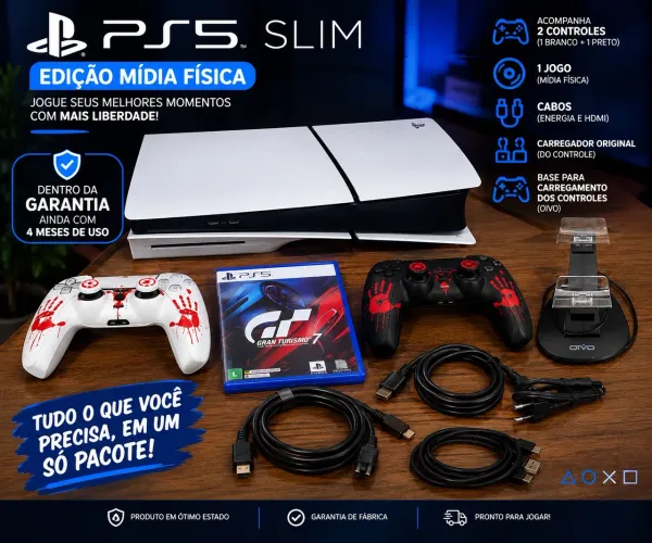 PS5 Slim mídia Física, 4 meses de uso apenas, acompanha 1 jogo e base carregamento 