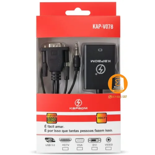 Cabo Conversor VGA x HDMI + Cabo de Áudio P2 (Entrada VGA x Saida HDMI) 