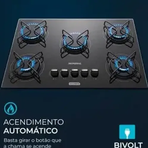 Cooktop 5 Bocas a Gás GLP Mondial Mesa de Vidro Acendimento Automático - Bivolt