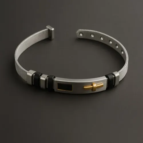 Pulseira Masculina de Aço Inoxidável com Detalhes em Dourado