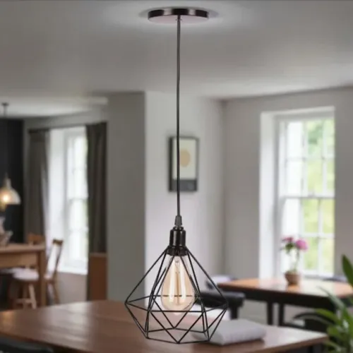Luminária  Pendentes Diamante Aramado Preto Cabo Regulável 1m