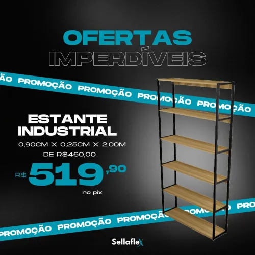 Estante Industrial de Madeira e Metal - 0,90cm x 0,25cm x 2,00m