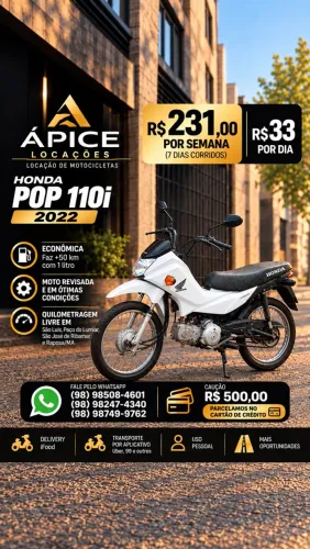 Aluguel de Moto Honda Pop 110i R$ 231,00 | Ápice Locações