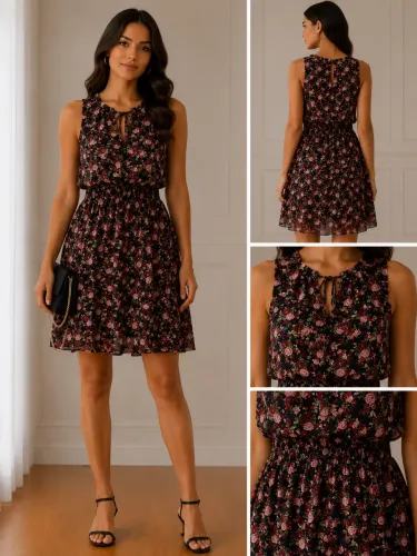Bazar | Vestido Floral Preto Sem Manga com Cintura Marcada