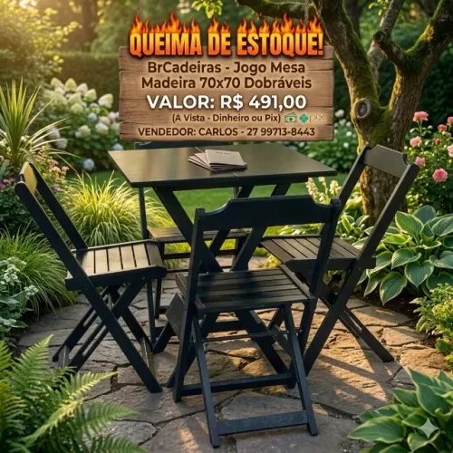 Jogo Mesa Madeira 70x70 Envernizadas e Dobraveis
