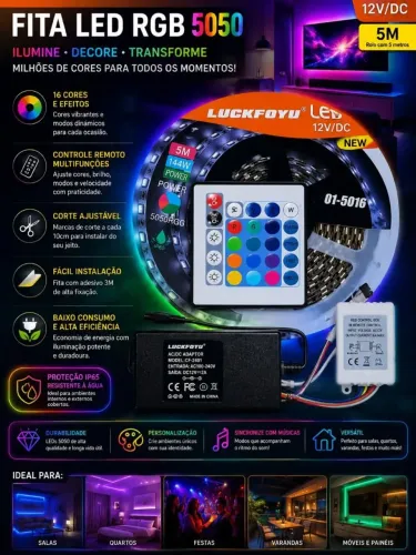 Fita Led RGB 16 cores + Fonte + Controle Remoto + entrega grátis.