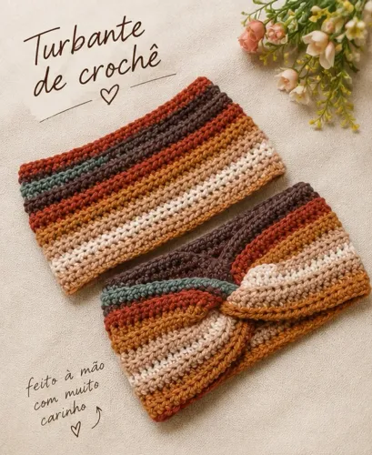 Turbante de crochê listrado em tons terrosos