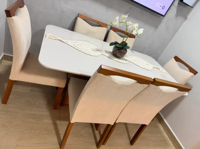 Mesa de Jantar 160x90 com 6 Cadeiras - Vidro Leitoso (Leia a Descrição)