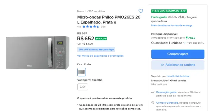 MICROONDAS PHILCO 26 LITROS MOD.PMO26ES