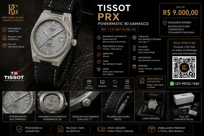 Tissot PRX Powermatic 80 Damasco 38mm | Full Set | Impecável