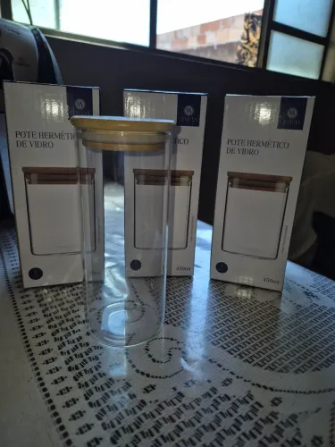 Kit 3 Potes Herméticos de Vidro Tampa Bambu 450ml