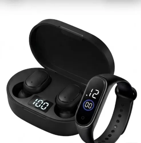 Fone De Ouvido Bluetooth Sem Fio + Relógio Digital Preto