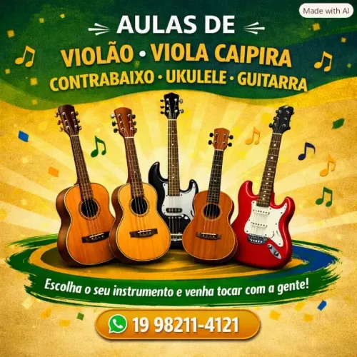 Aulas de Violão, Ukulele, Viola Caipira, Contra-baixo e Guitarra