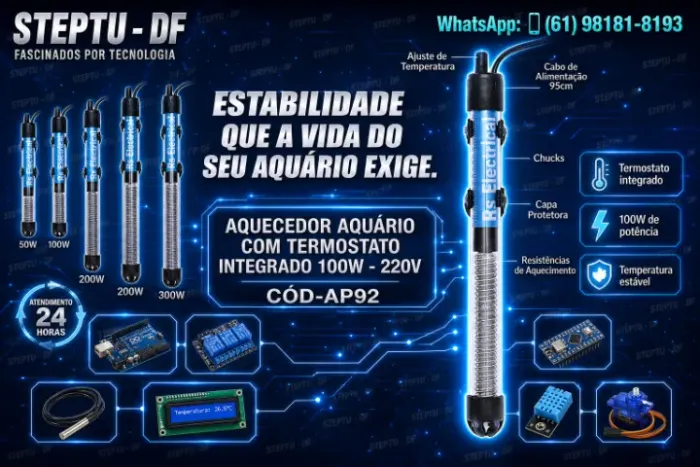 Aquecedor Aquario Com Termostato Integrado 100w - 220v Arduino Automação COD-AP92
