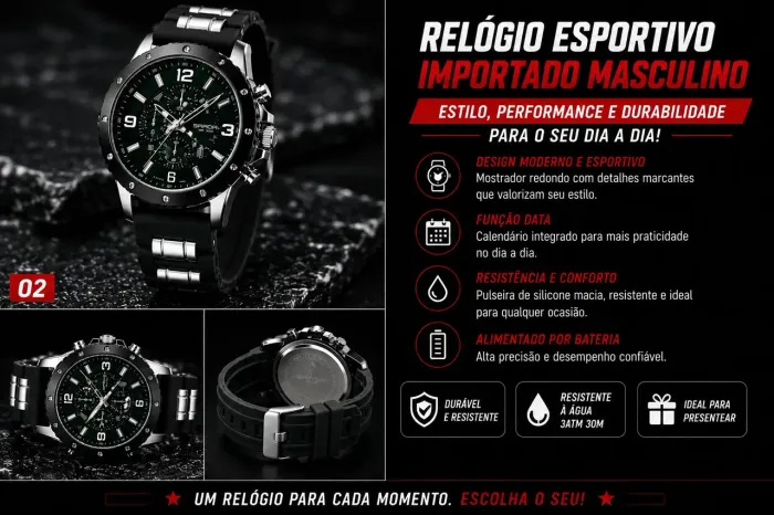 Relógio Masculino Esportivo Importado detalhes prata pulseira pretal. <br>