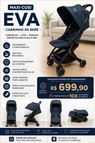 Carrinho de Bebê Maxi-Cosi Eva - Excelente Estado | Compacto e Dobrável