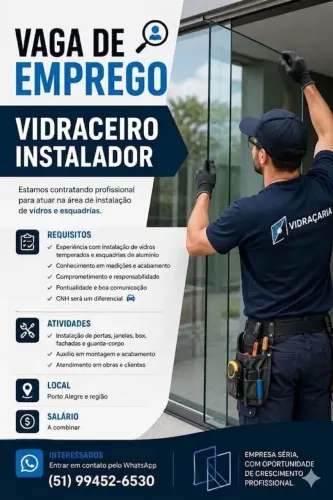 Vaga para instalador de vidros temperados e esquadrias
