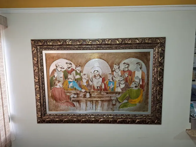 QUADRO SANTA CEIA EM ALUMÍNIO TRABALHADO A MAO 1,35 X 0,90 (MARAVILHOSO)