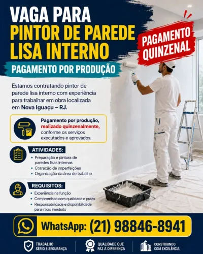VAGA PARA PINTOR DE PAREDE LISA INTERNO - PAGAMENTO POR PRODUÇÃO