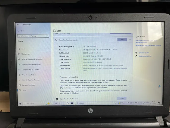 Notebook Hp Intel(r) Celeron(r) Cpu 3215u @ 1.70ghz 1.70 Ghz