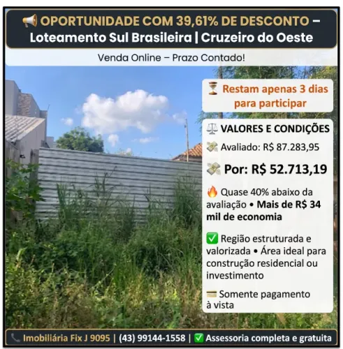 Imóvel em local estratégico ? Terreno no Jardom Cruzeiro, Cruzeiro do Oeste - PR, Nº 138,