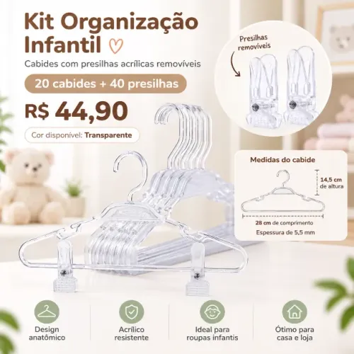 Kit 20 cabides com 40 presilhas acrilico infantil