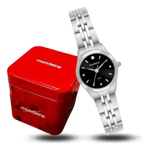 Relógio Mondaine Feminino Prateado de Aço Inoxidável com Fundo Preto
