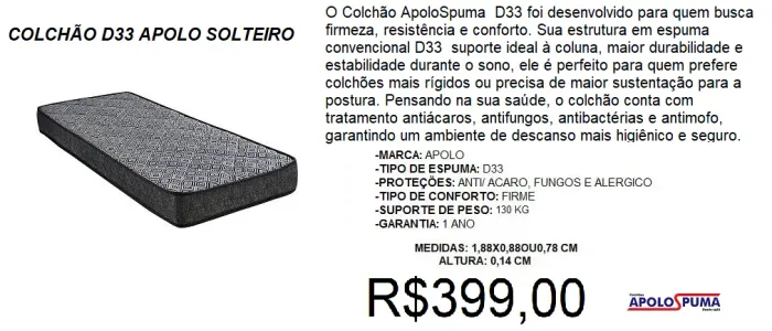 Colchão solteiro d33 suporta 120kg - pronta entrega