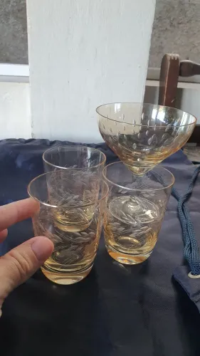 Copos e taça Cristal Âmbar lapidado antigo década 70