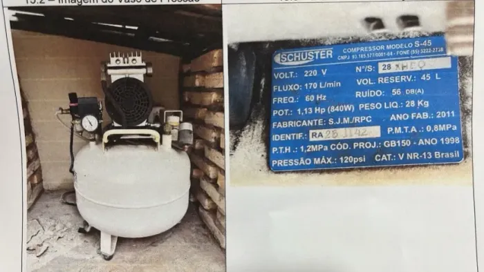 Compressor Odontológico marca SCHUSTER, modelo S-45, 220V, Laudo de vaso pressão Novembro