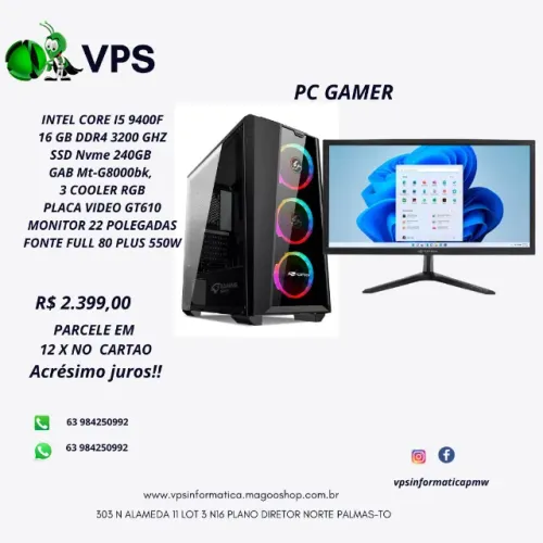 PC GAMER COMPLETO- I5 9400F ,SSD 240, PLACA VIDEOGT 610, 16GB 03 COOLER RGB