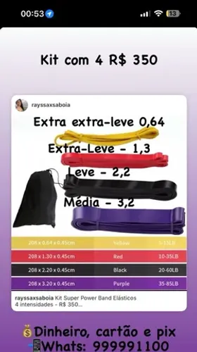 Kit com 4 super bands Extra extra leve, extra leve, leve e média R$ 250