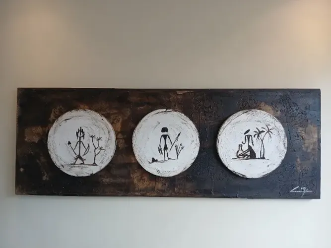 Quadro Marrom Grande Caça Peça Artesanato Arte Rupestre Tribal Primitivo Rústico Decoração