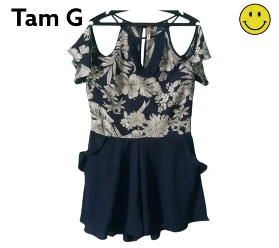 macaquinho azul feminino flores verão bazar brechó