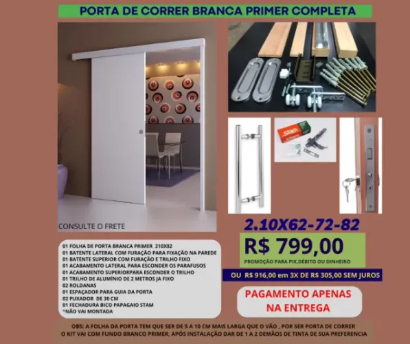 Porta de Correr Branca primer completa modelo pc6 2.10x72 - frete a/c pagamento na entrega