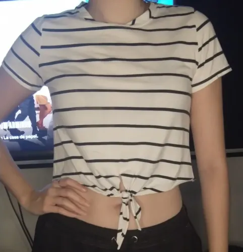Cropped listrado Riachuelo com amarração frontal, TAM P