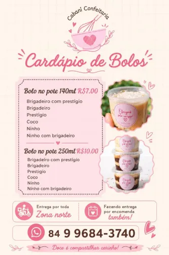 Cardápio bolo no pote 