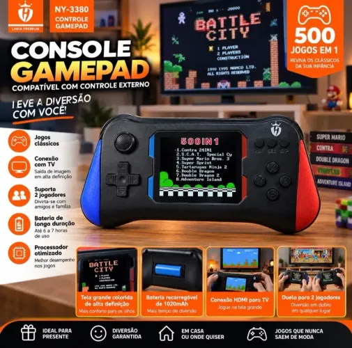 Mini game retro completo com 500 jogos recarregável com tela grande promoção