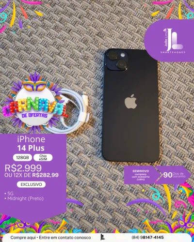 IPHONE 14 PLUS, 5G, 128GB, CHIP ESIM, SEMINOVO, EXCLUSIVO!