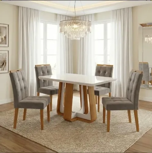 Conjunto Sala de Jantar Compacto Prime 4 Lugares Amêndoa Off White