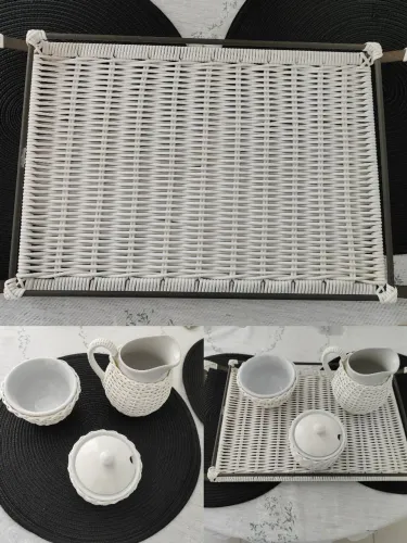 Conjunto em cordas de vime e louça