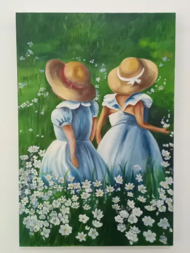 Quadro Tela Meninas Pintado à Mão 40x60x3