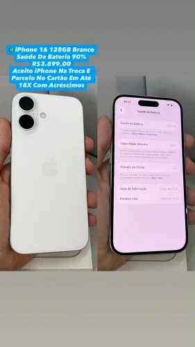 iPhone 16 128GB Branco - Saúde Da Bateria 90% (Usado)