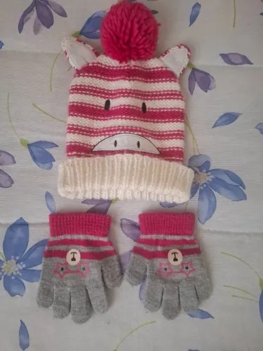 Touca + Luva infantil, vaquinha rosa