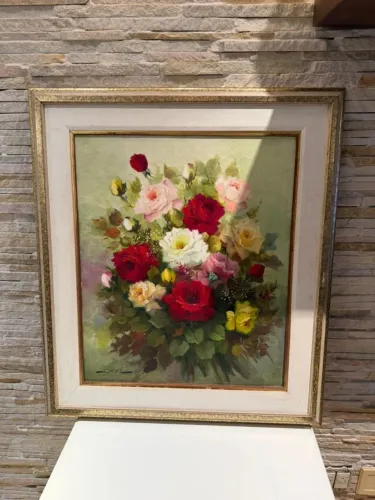 Quadro Pintura a Óleo Natureza-Morta com Rosas - Moldura Clássica